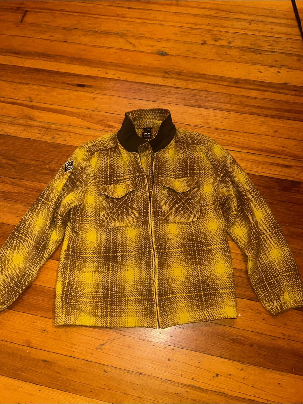 Prana Gold Brown Plaid Utility Zip Jacket with Black Collar Medium